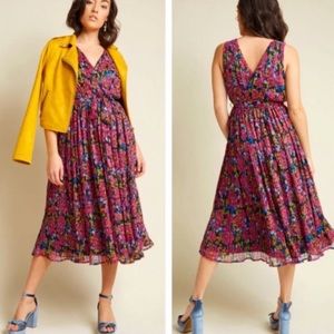 Mod Cloth Floral Print Pleaded Chiffon Midi Dress Size XL